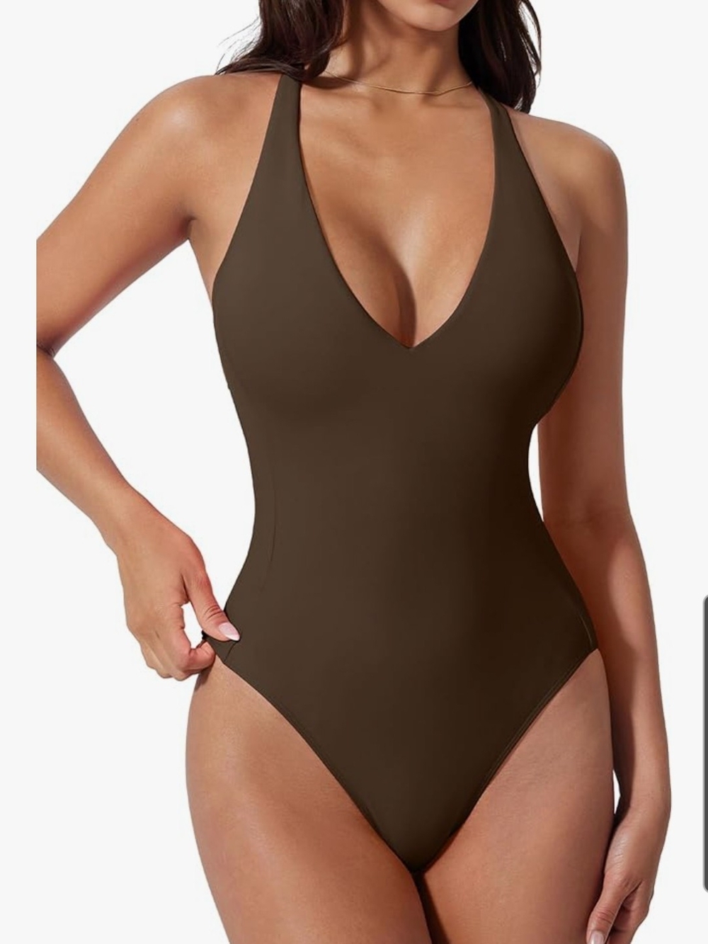 Classic Brown Slimming Tummy Control V-Neck One-Piece Swimsuit Med